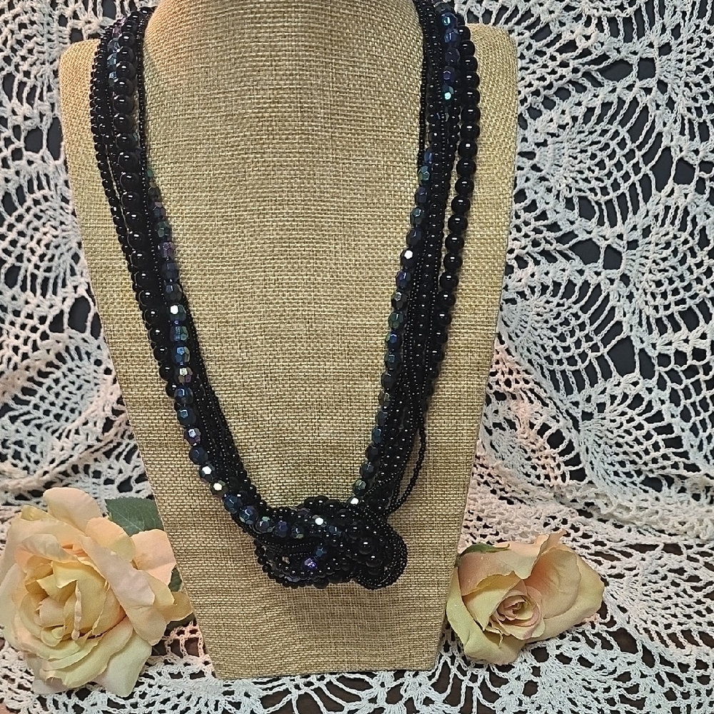 Multi-Strand Black Beaded Necklace with Iridescent Accents